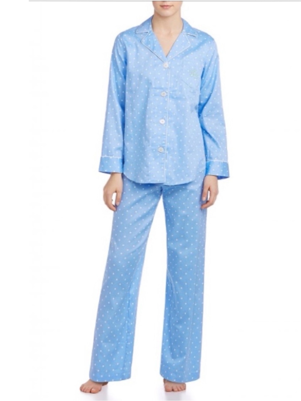 NEW Lauren Ralph Lauren Ascot Blue White Polkadot Shirt Long Pants Cotton Pajama